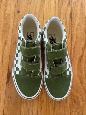 NWT! Vans Little Kids Old Skool V Green Checkerboard Velcro Sneakers
